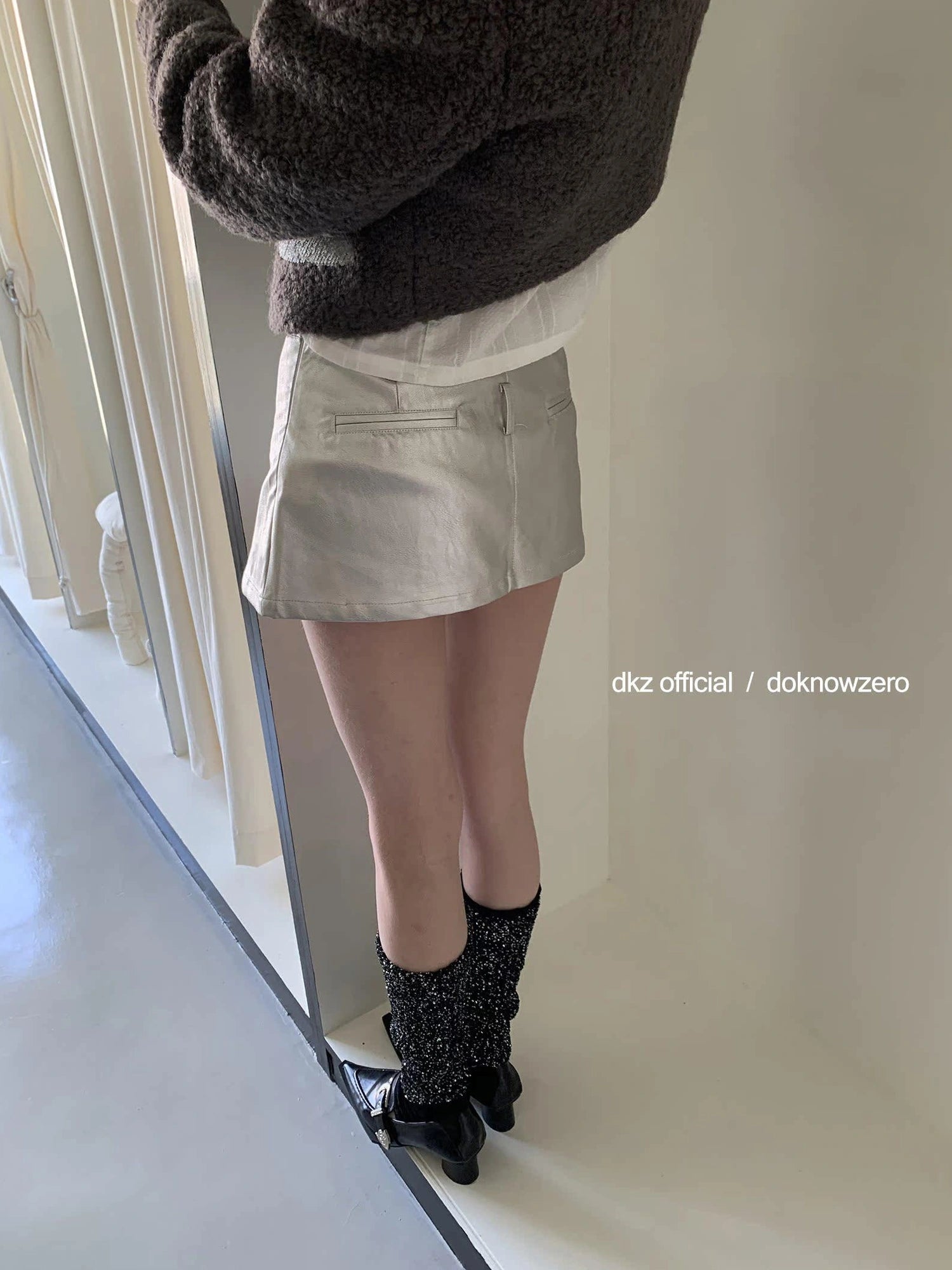 DKZ OFFICIAL Silver Gray Low Waist A Line Mini Skirt With Metallic Coating