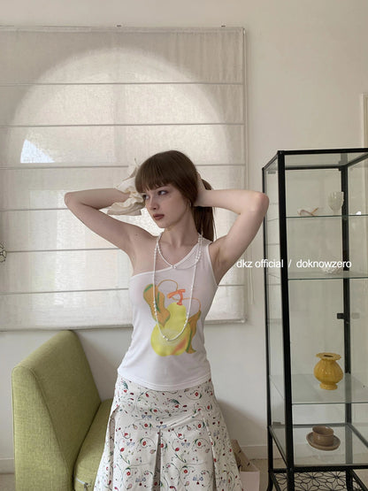 DKZ OFFICIAL Sirosha Pear Slant Shoulder Fitted Vintage Print Tank Top