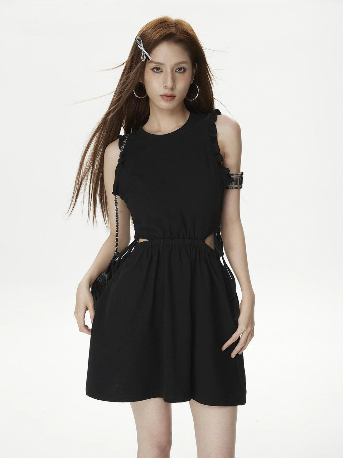 DKZ OFFICIAL Sleeveless Petal Sleeve Bodycon Black Mini Dress