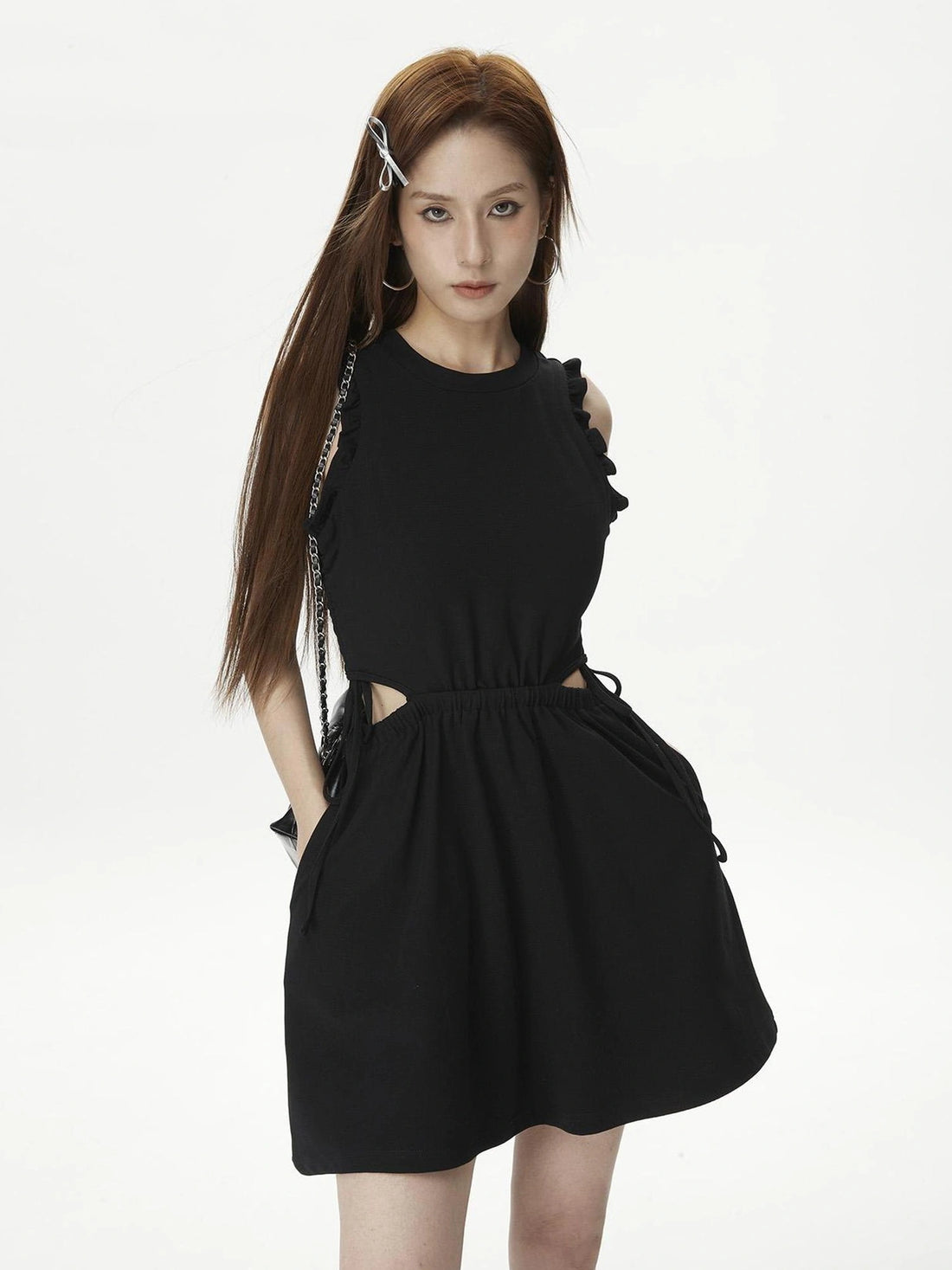 DKZ OFFICIAL Sleeveless Petal Sleeve Bodycon Black Mini Dress