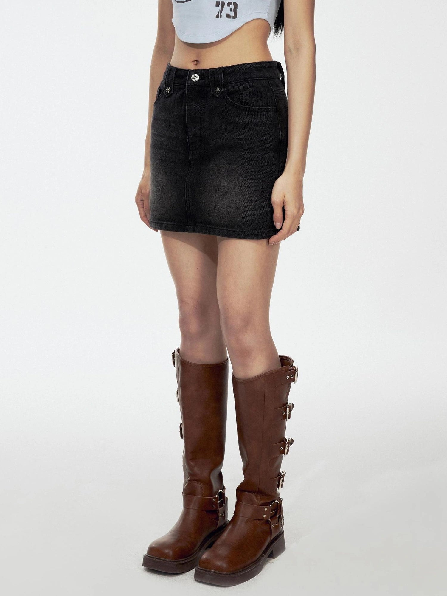 DKZ OFFICIAL Slim Fit Black Denim A Line Skirt With Rivets