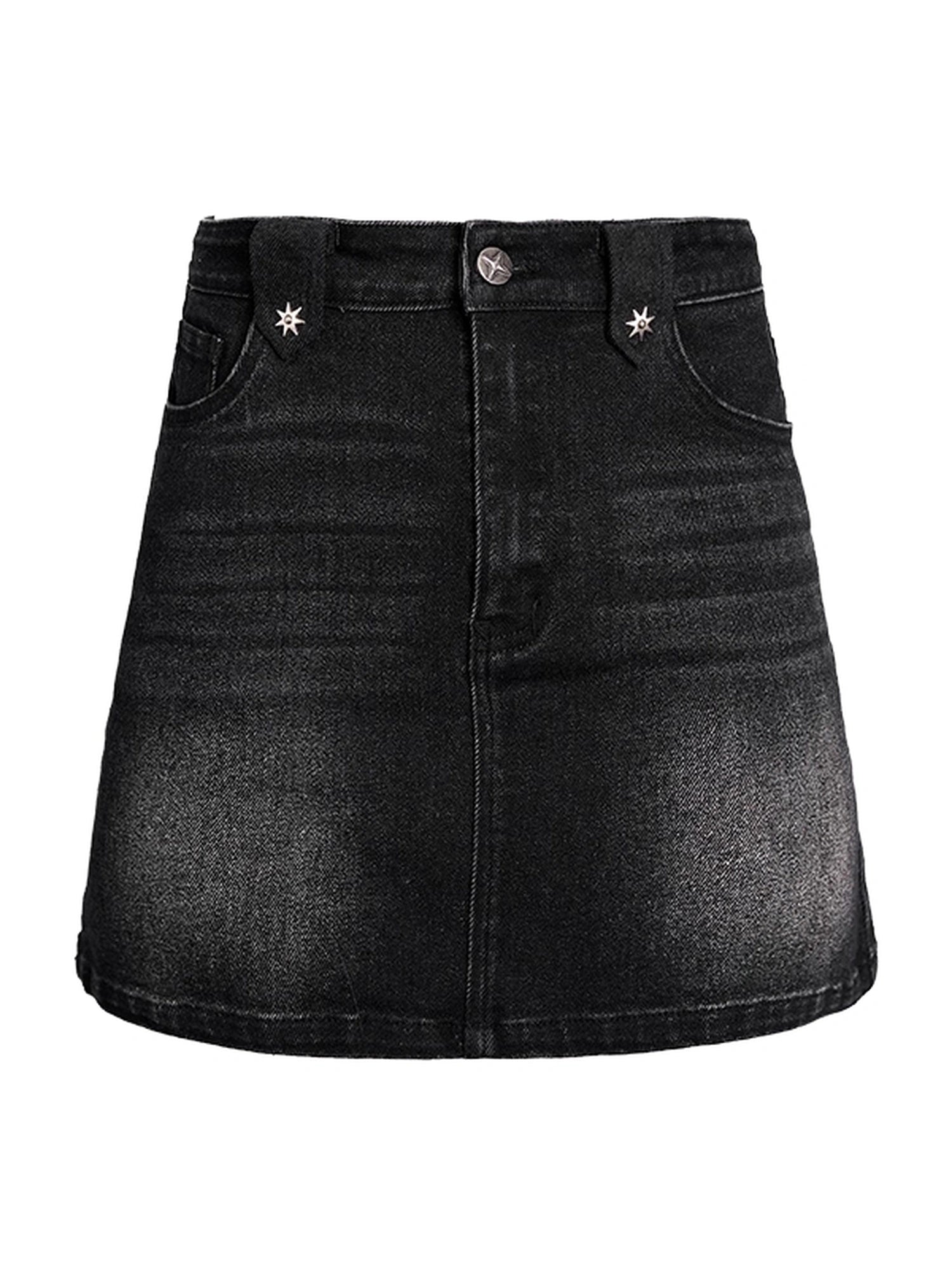 DKZ_OFFICIAL_Slim_Fit_Black_Denim_A_Line_Skirt_With_Rivets_MISSTT