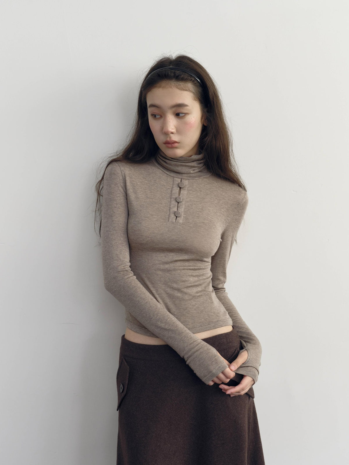 DKZ OFFICIAL Slim Fit High Neck Camel Women&