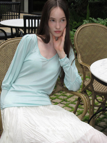 DKZ OFFICIAL Slim V-neck Puff Sleeves Women&