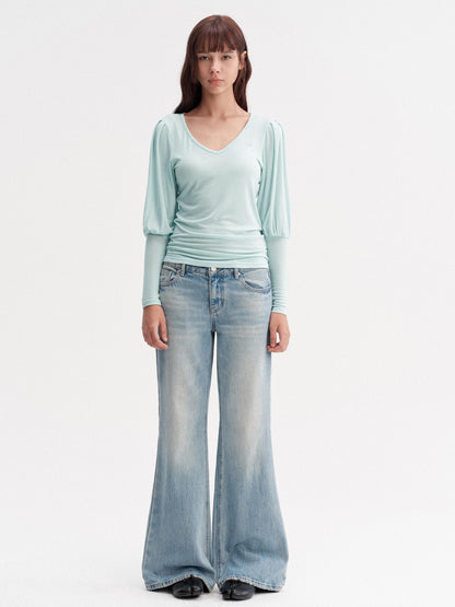 DKZ OFFICIAL Slim V-neck Puff Sleeves Women&