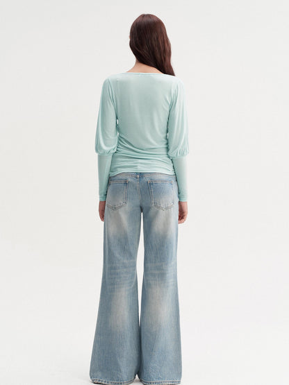 DKZ OFFICIAL Slim V-neck Puff Sleeves Women&