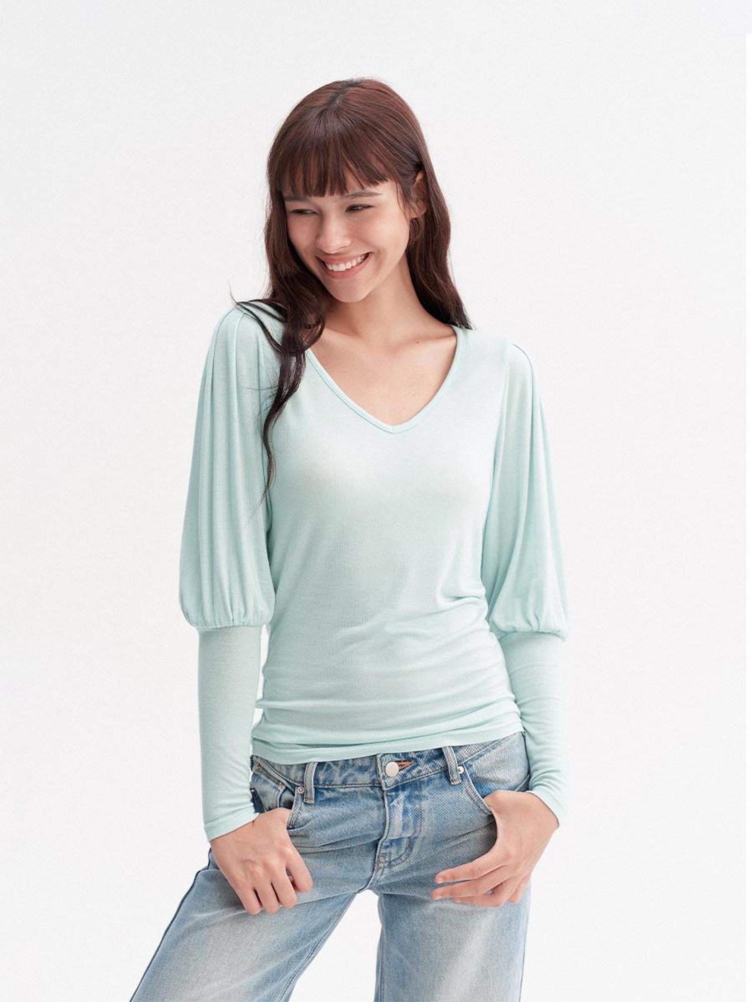 DKZ OFFICIAL Slim V-neck Puff Sleeves Women&
