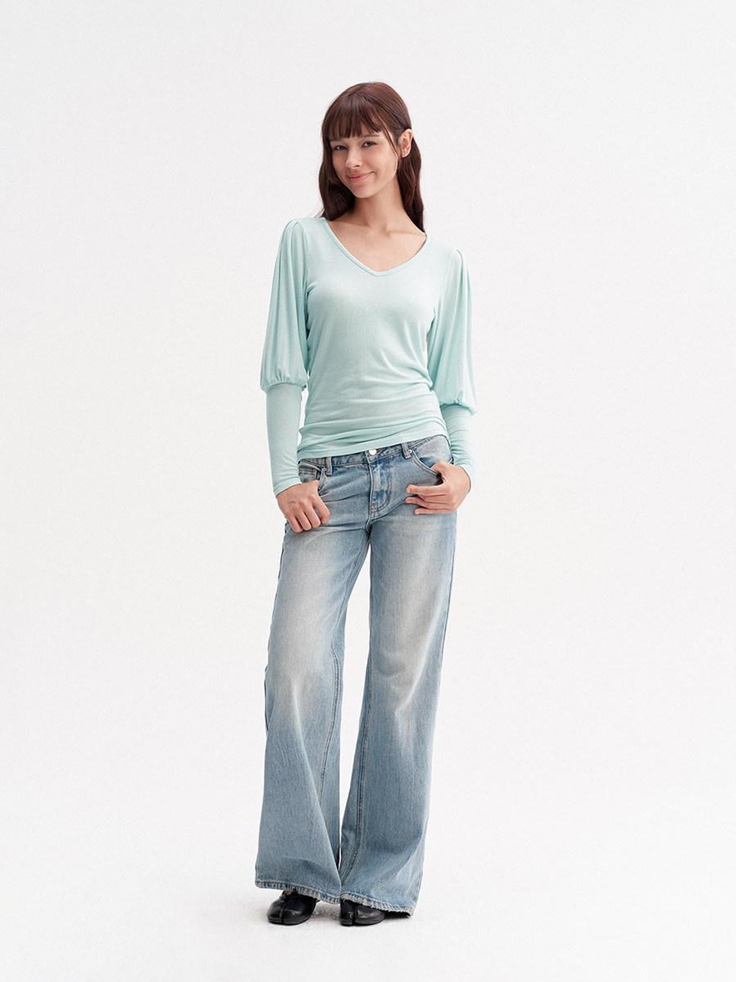 DKZ OFFICIAL Slim V-neck Puff Sleeves Women&