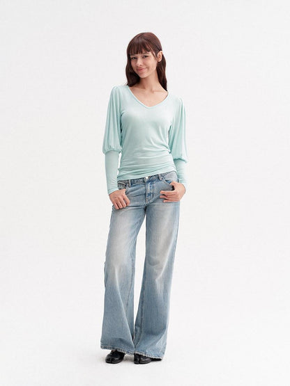 DKZ OFFICIAL Slim V-neck Puff Sleeves Women&
