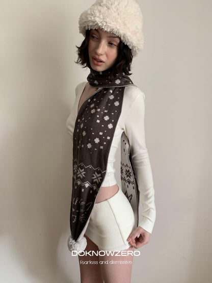 DKZ OFFICIAL Snowflake Print Cross V-neck Long Sleeve Women&