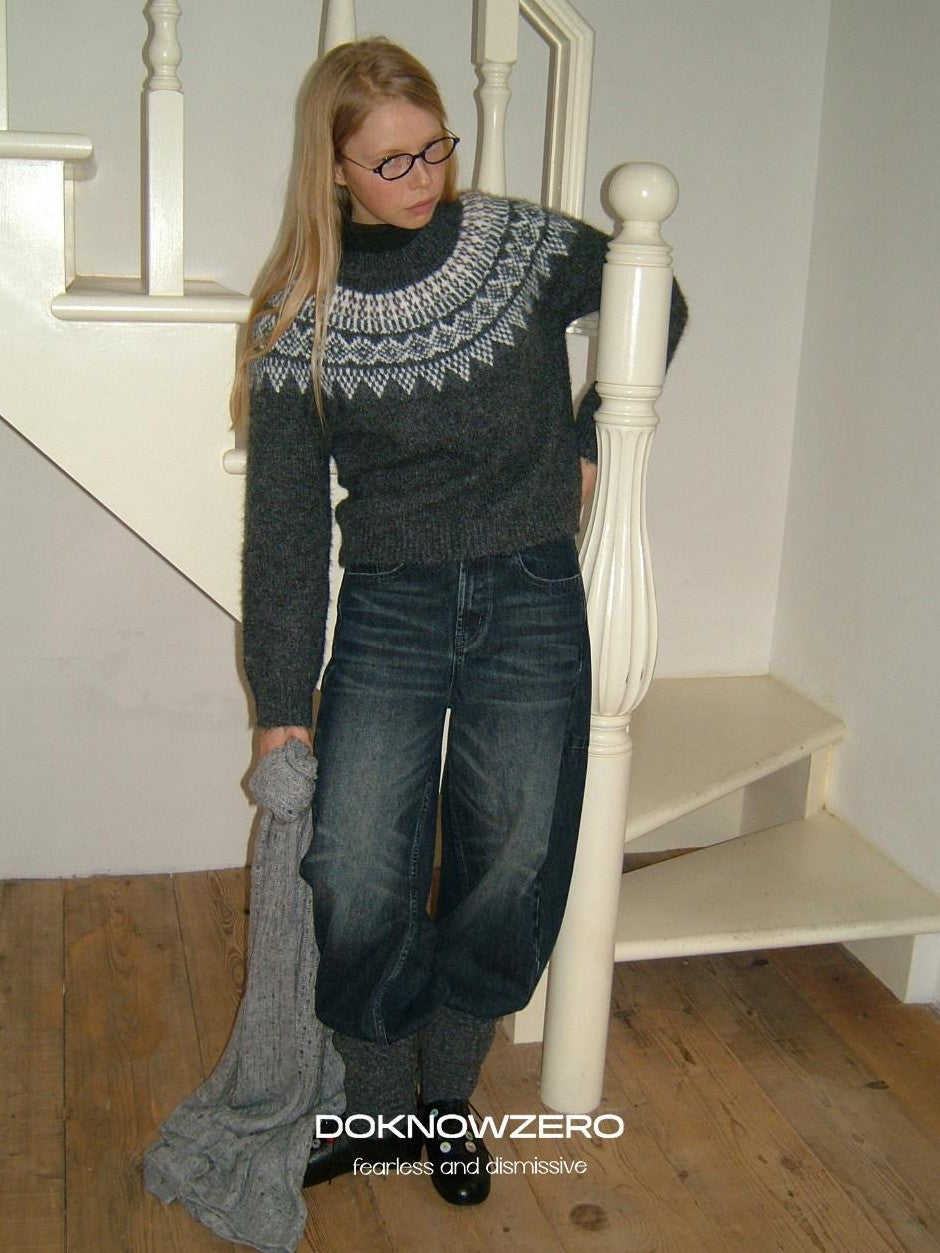 DKZ OFFICIAL Soft Jacquard Crew Neck Vintage Knit Women&