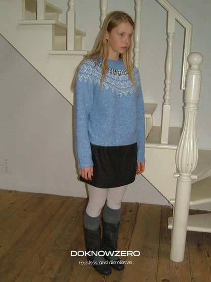 DKZ OFFICIAL Soft Jacquard Crew Neck Vintage Knit Women&
