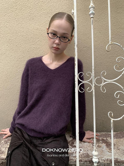 DKZ OFFICIAL Soft Wool Blend V-neck Long Sleeve Knit Women&