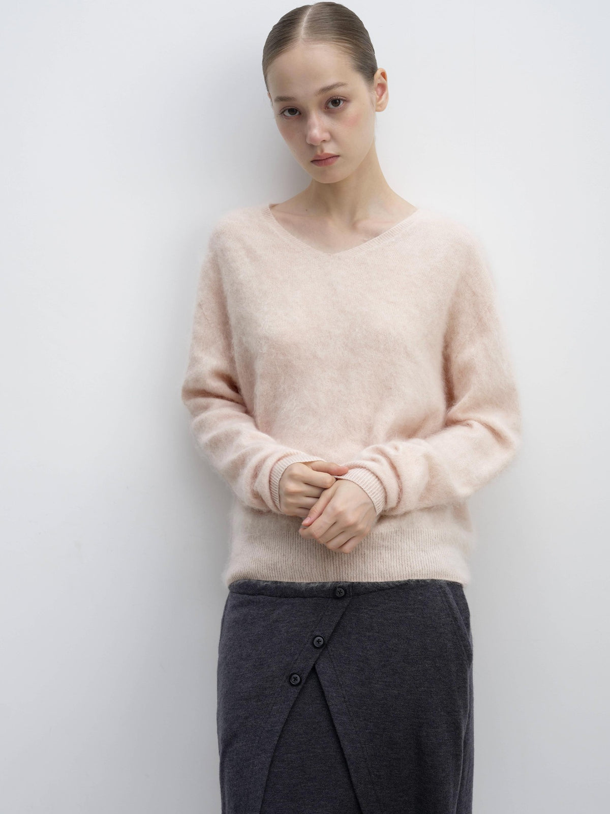 DKZ OFFICIAL Soft Wool Blend V-neck Long Sleeve Knit Women&