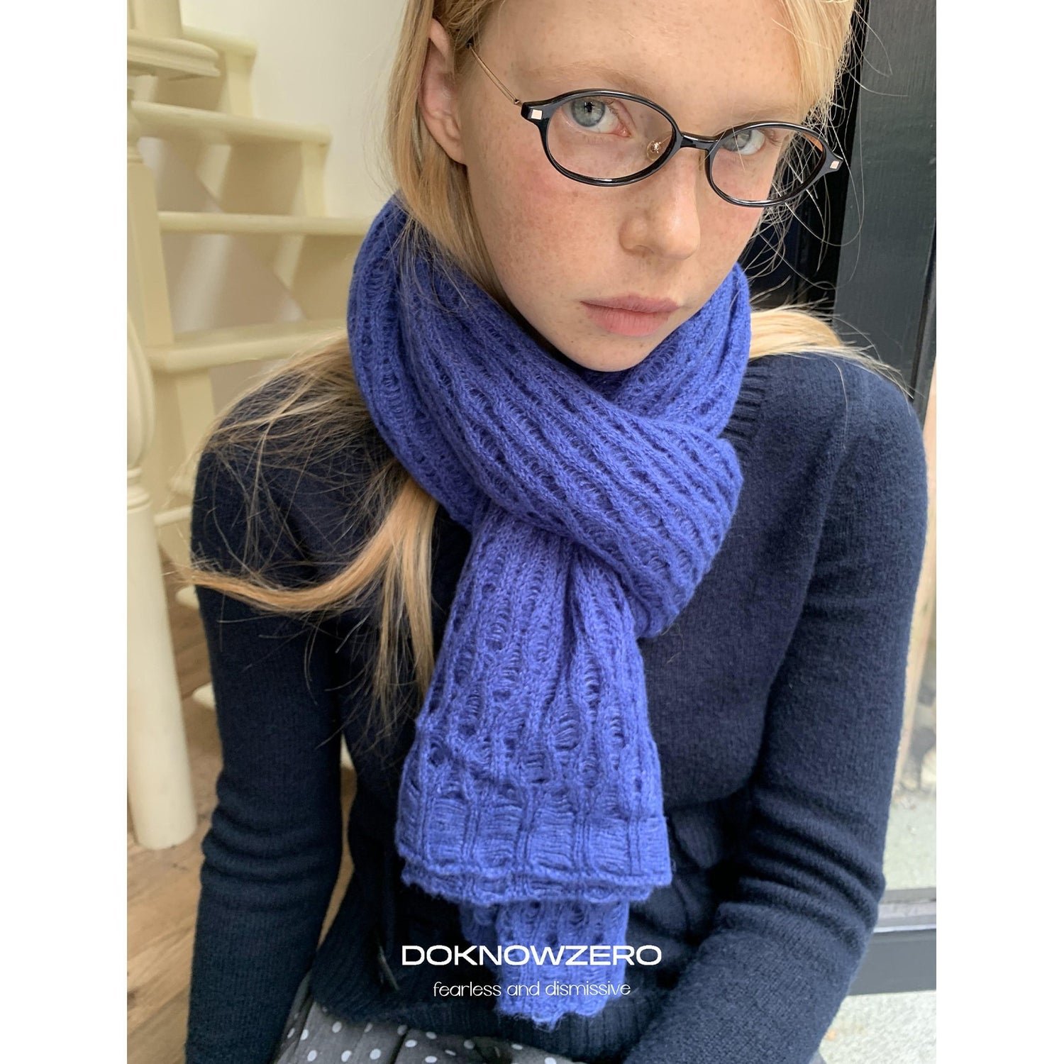 DKZ_OFFICIAL_Solid_Blue_Layered_Knit_Openwork_Women&