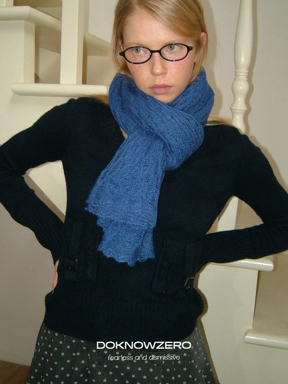 DKZ OFFICIAL Solid Blue Layered Knit Openwork Women&
