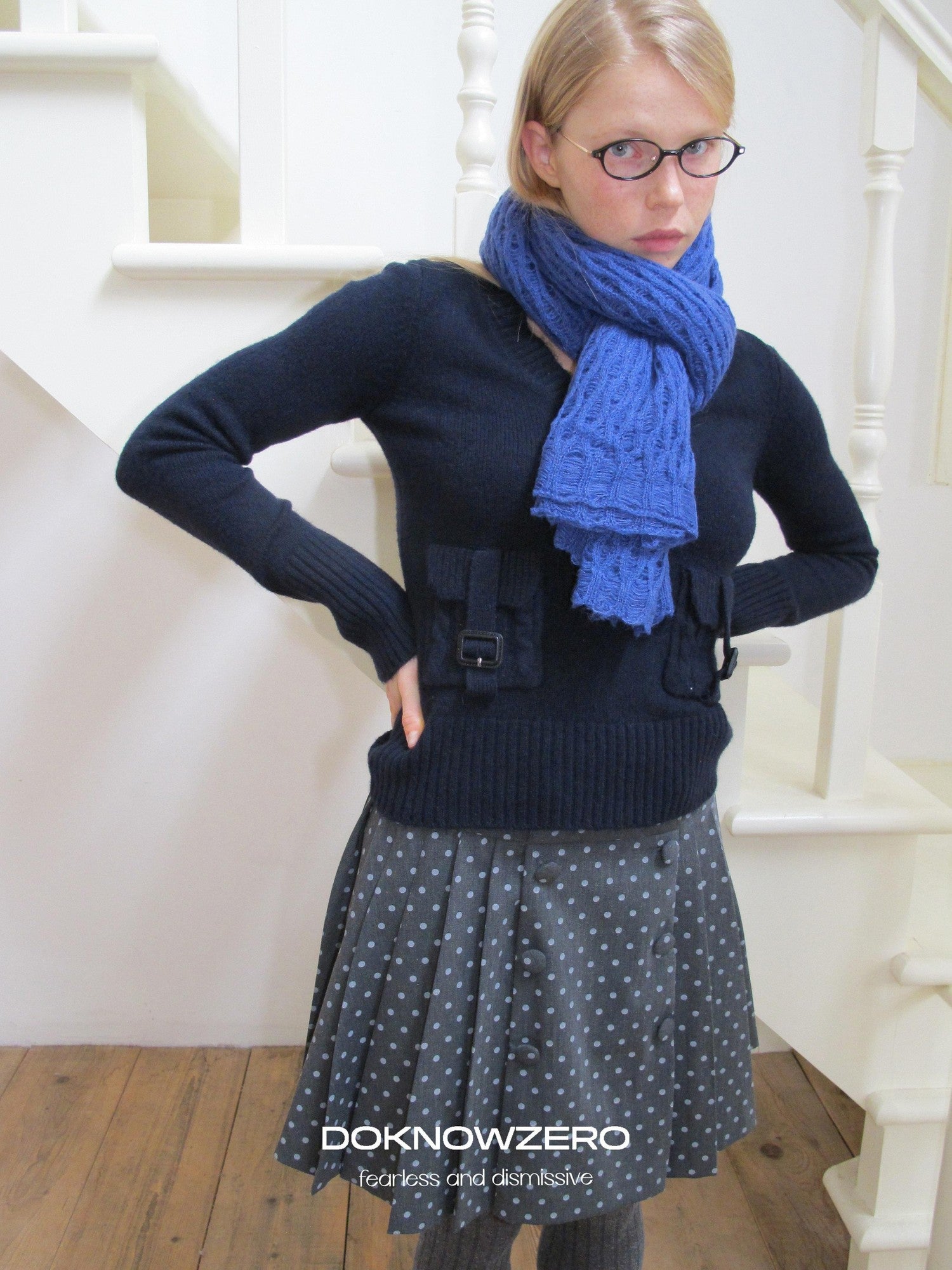 DKZ OFFICIAL Solid Blue Layered Knit Openwork Women&
