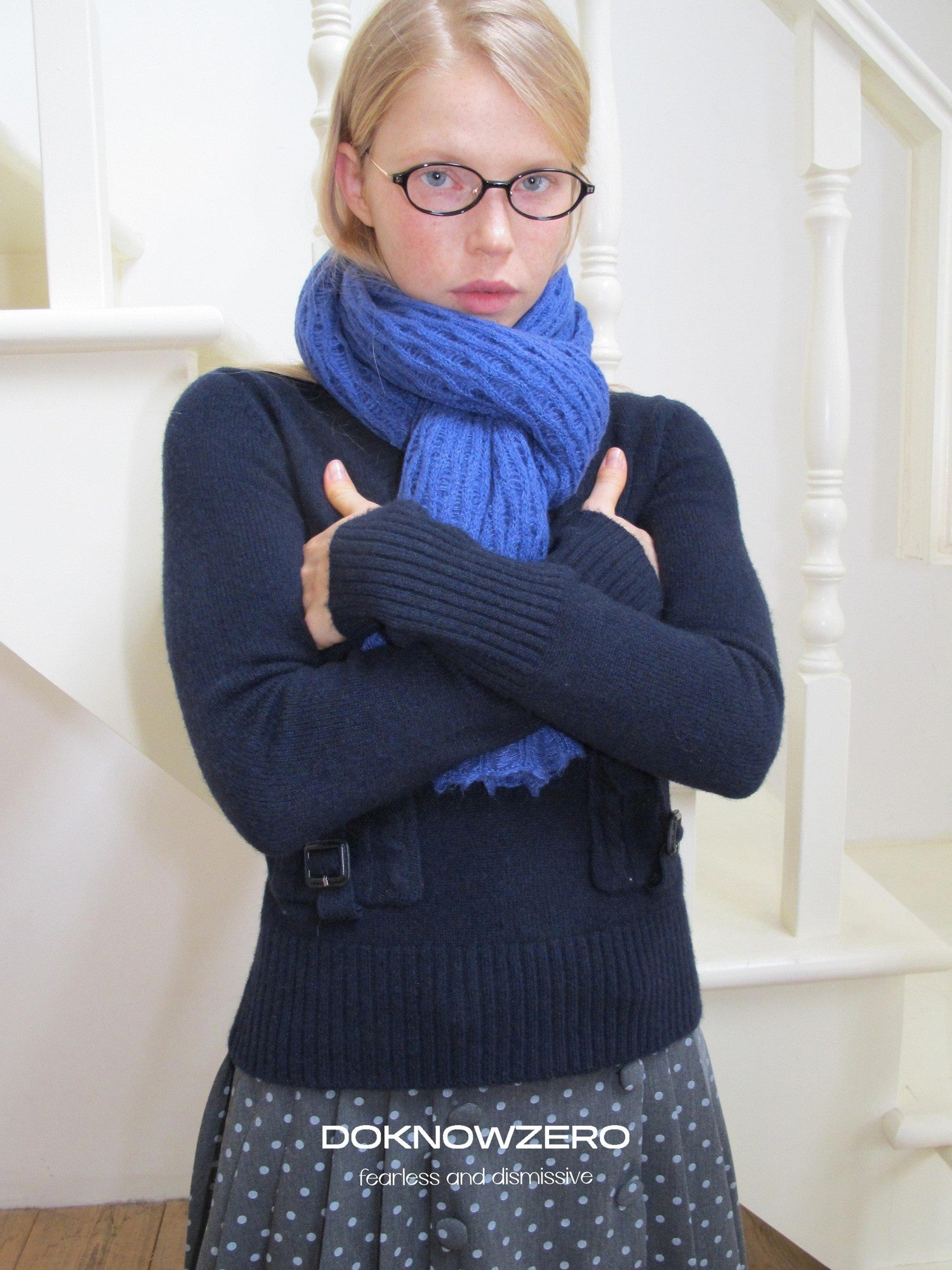 DKZ OFFICIAL Solid Blue Layered Knit Openwork Women&