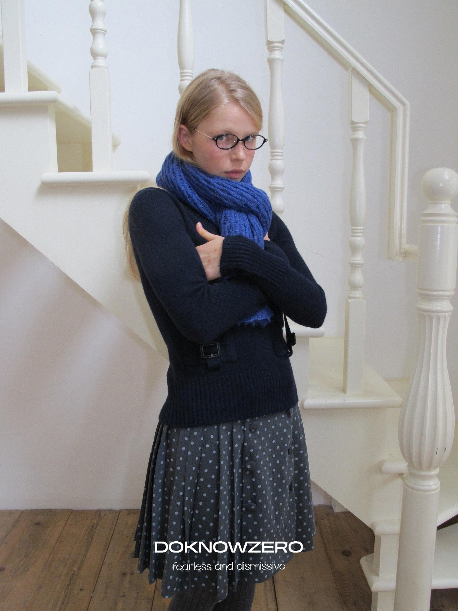 DKZ OFFICIAL Solid Blue Layered Knit Openwork Women&