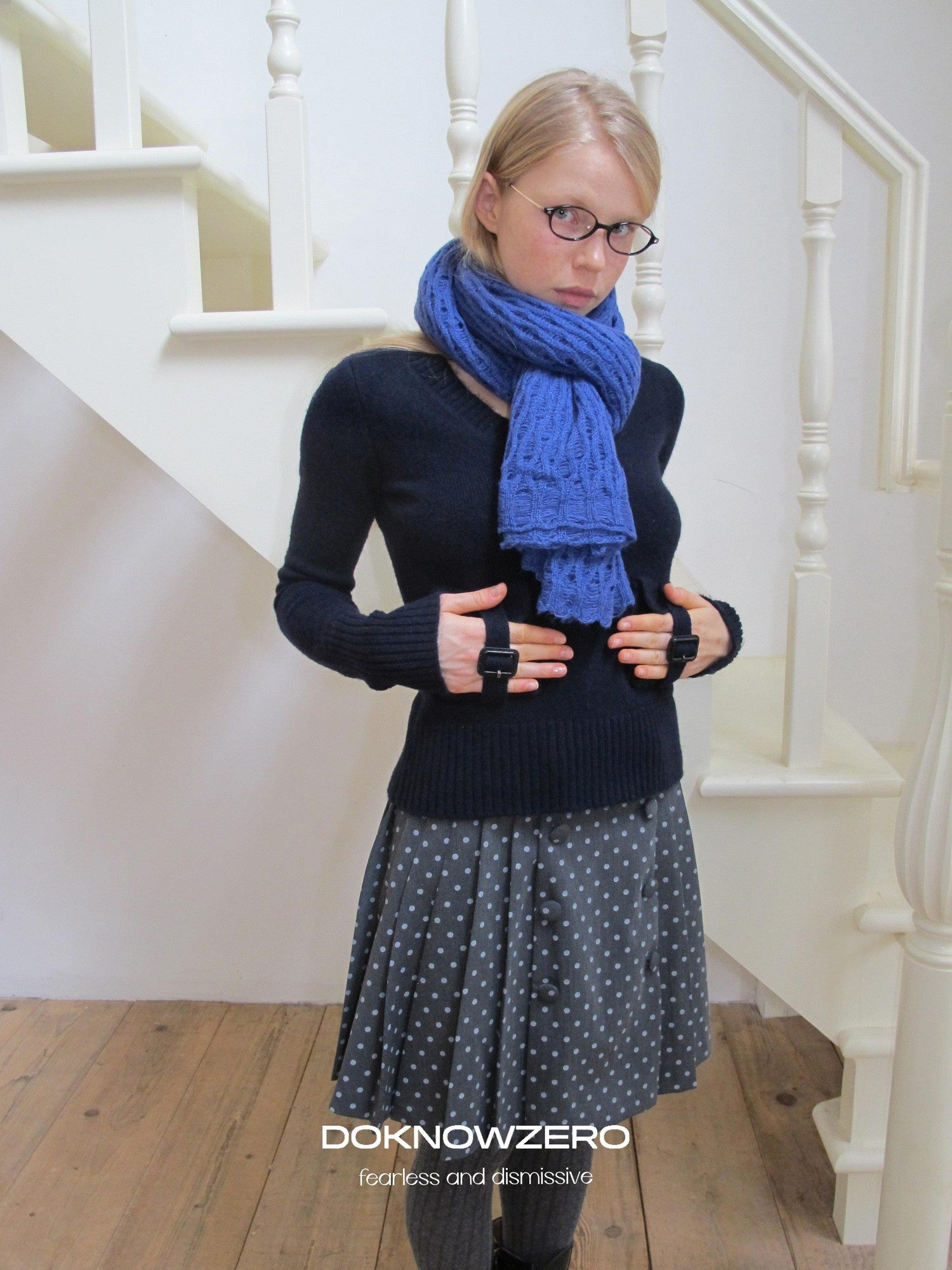 DKZ OFFICIAL Solid Blue Layered Knit Openwork Women&