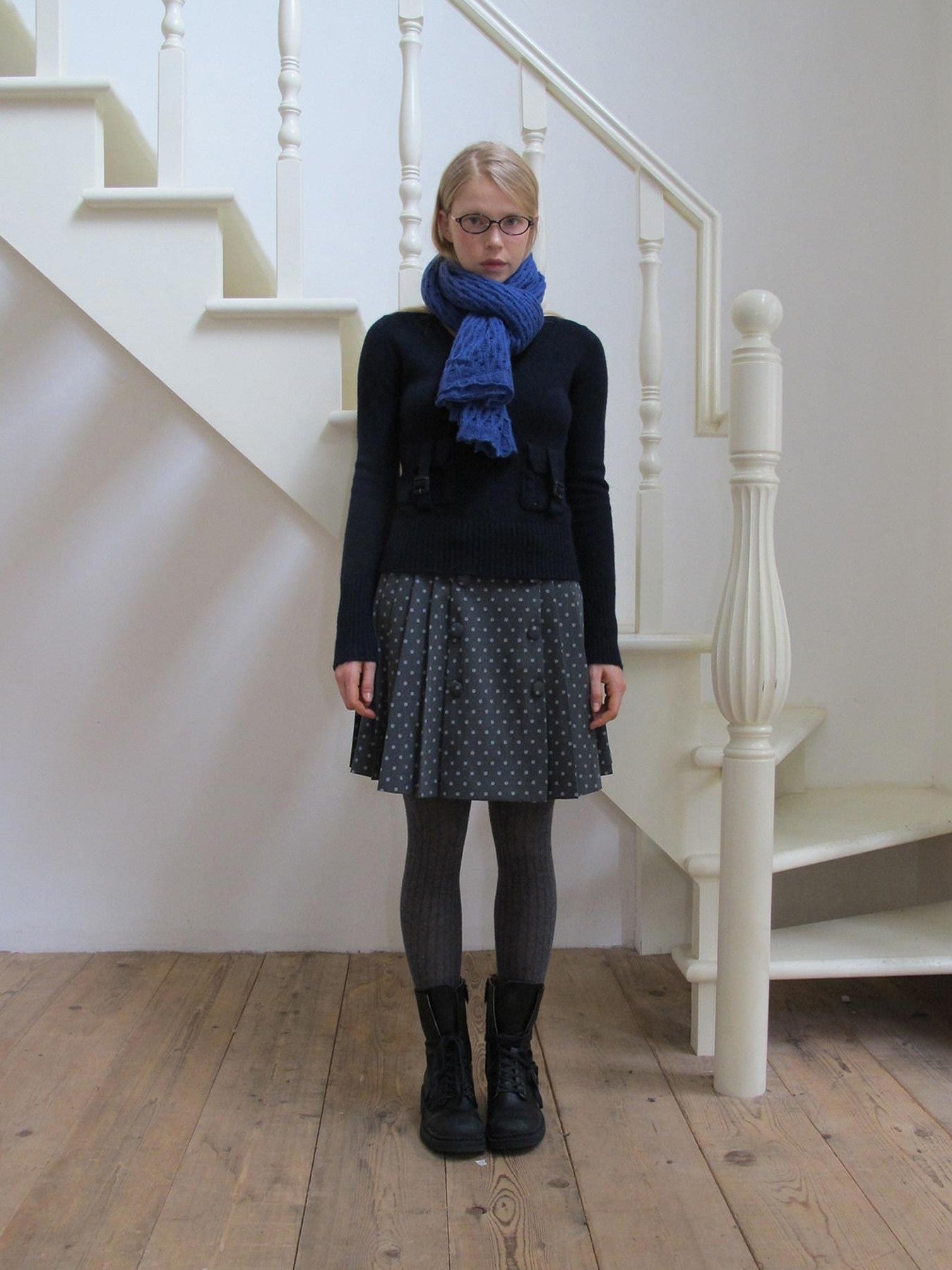 DKZ OFFICIAL Solid Blue Layered Knit Openwork Women&
