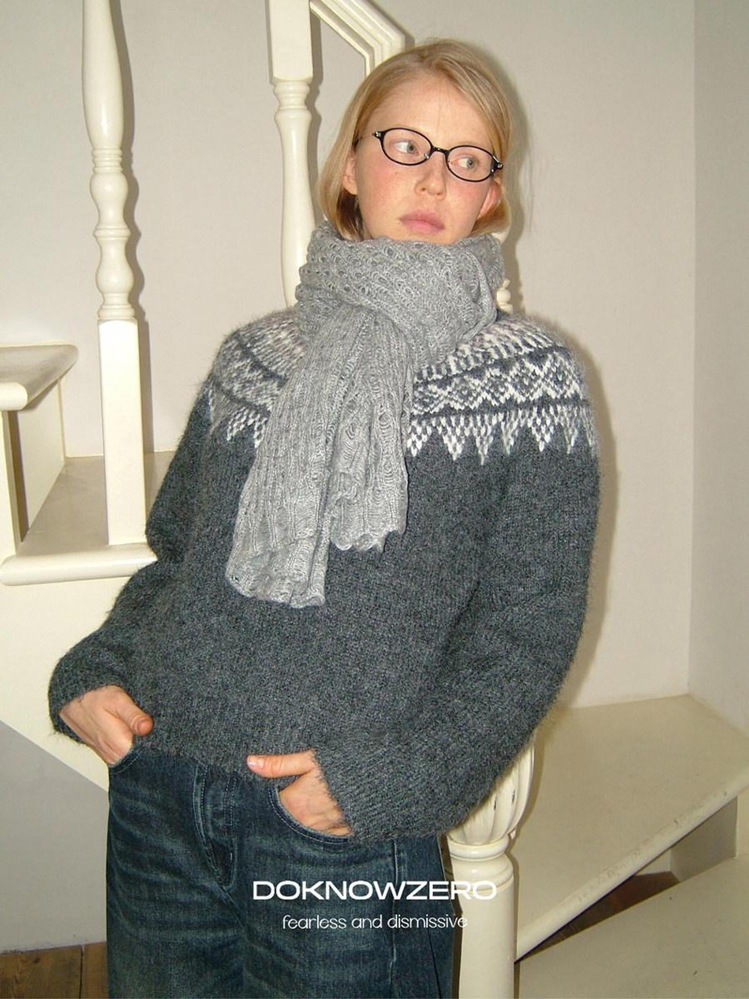 DKZ OFFICIAL Solid Blue Layered Knit Openwork Women&