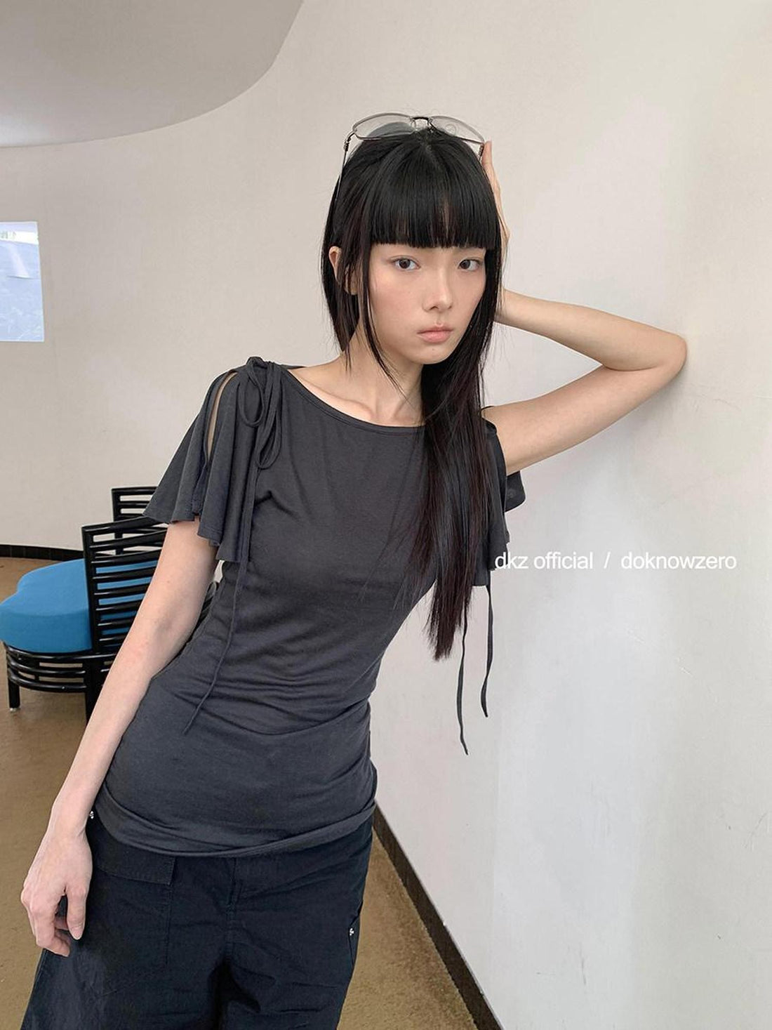 DKZ OFFICIAL Solid Split Puff Sleeve Bardot Women&