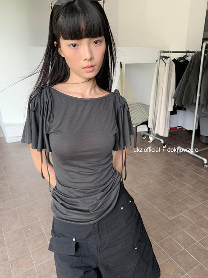 DKZ OFFICIAL Solid Split Puff Sleeve Bardot Women&