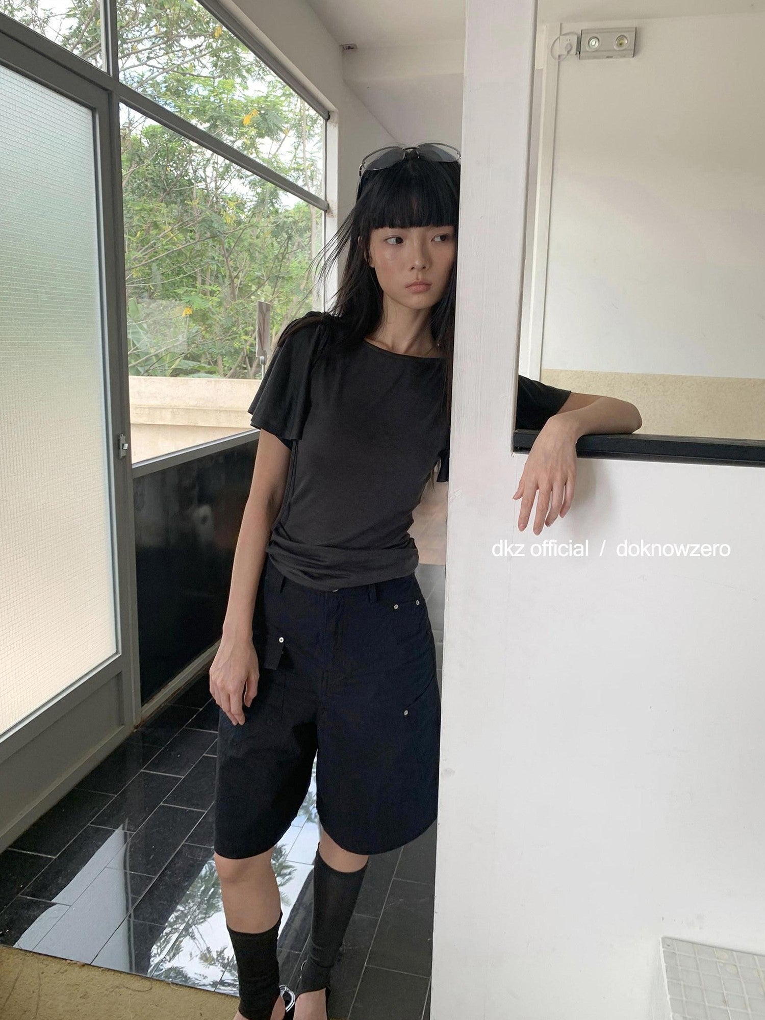 DKZ OFFICIAL Solid Split Puff Sleeve Bardot Women&