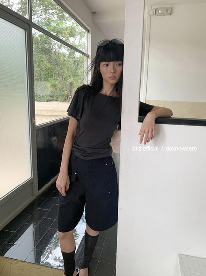 DKZ OFFICIAL Solid Split Puff Sleeve Bardot Women&