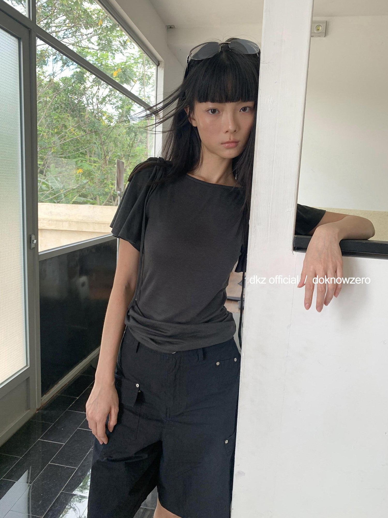 DKZ OFFICIAL Solid Split Puff Sleeve Bardot Women&