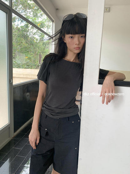 DKZ OFFICIAL Solid Split Puff Sleeve Bardot Women&