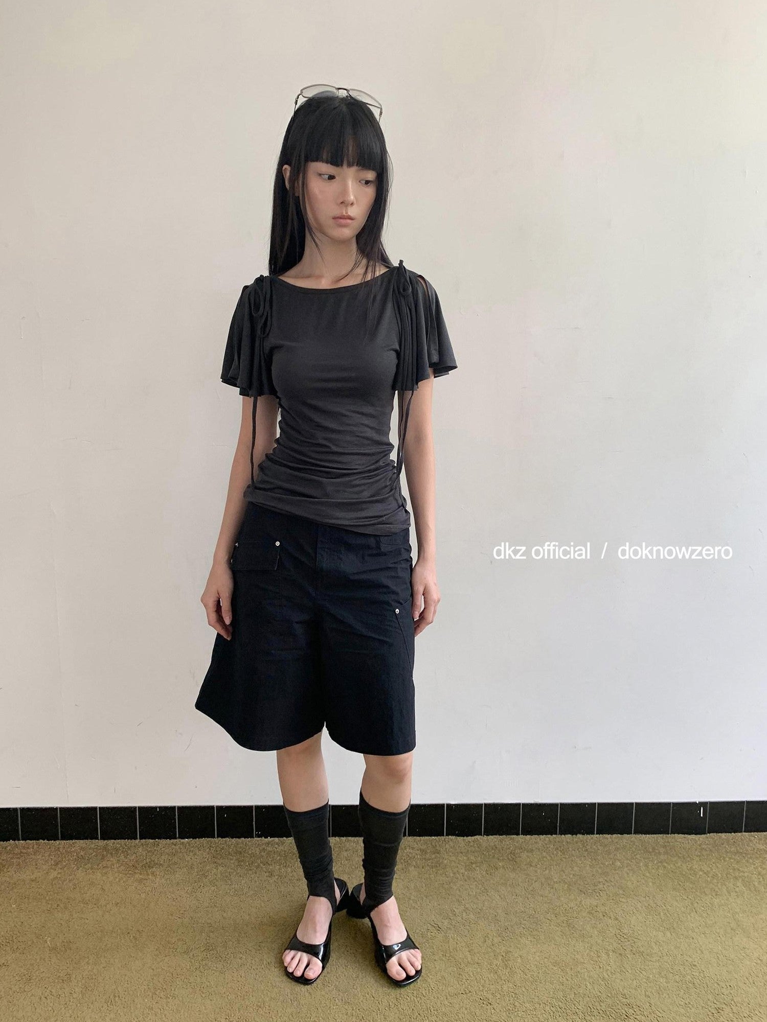 DKZ OFFICIAL Solid Split Puff Sleeve Bardot Women&