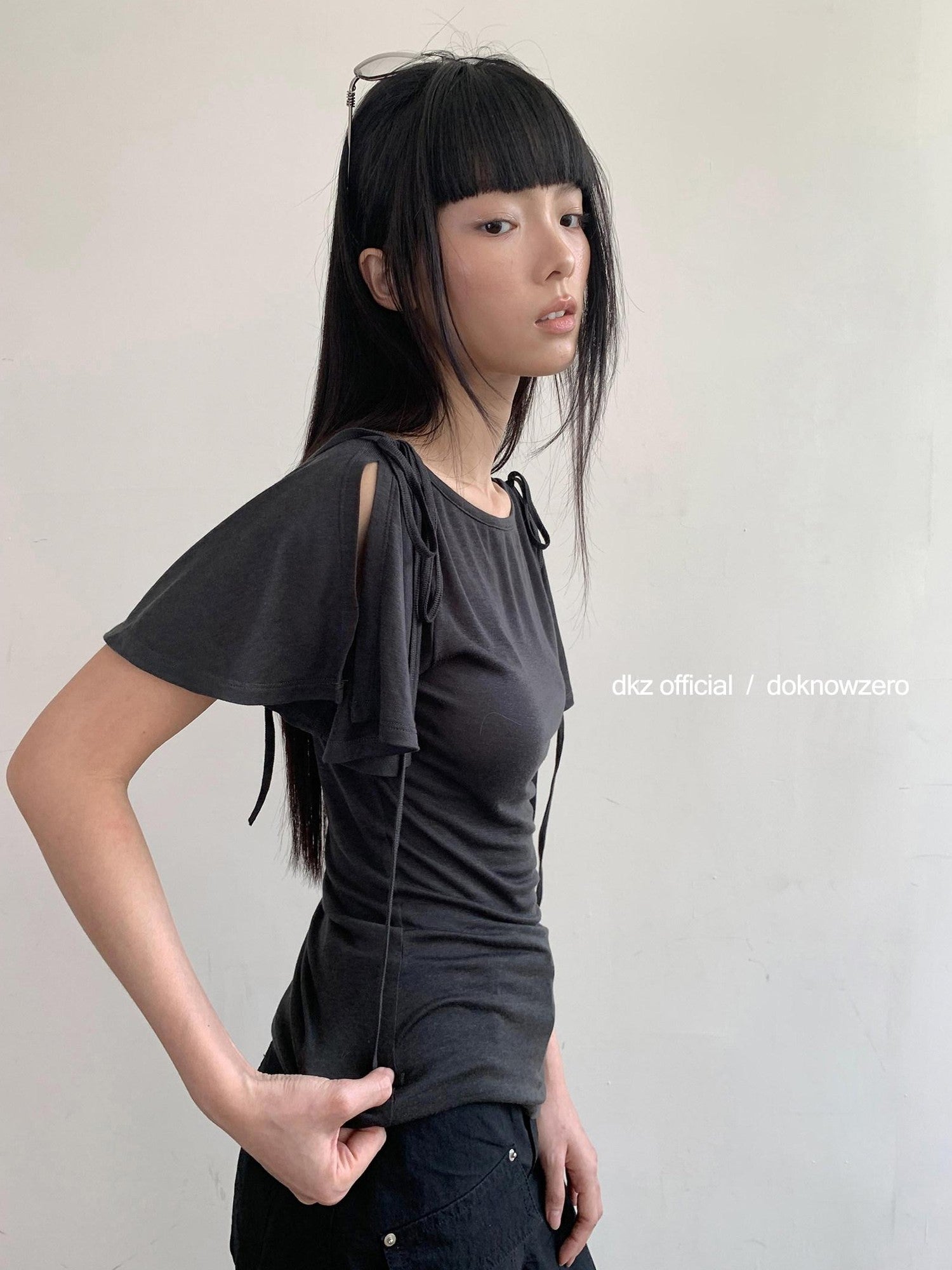 DKZ OFFICIAL Solid Split Puff Sleeve Bardot Women&