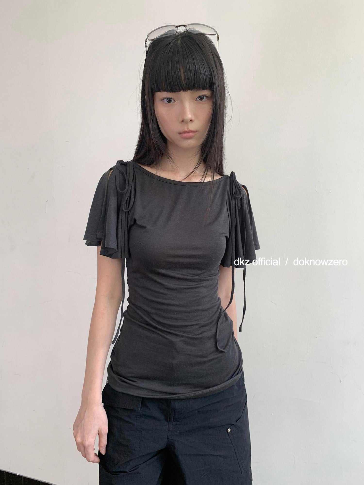 DKZ OFFICIAL Solid Split Puff Sleeve Bardot Women&