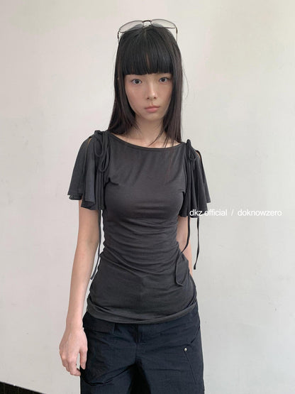 DKZ OFFICIAL Solid Split Puff Sleeve Bardot Women&