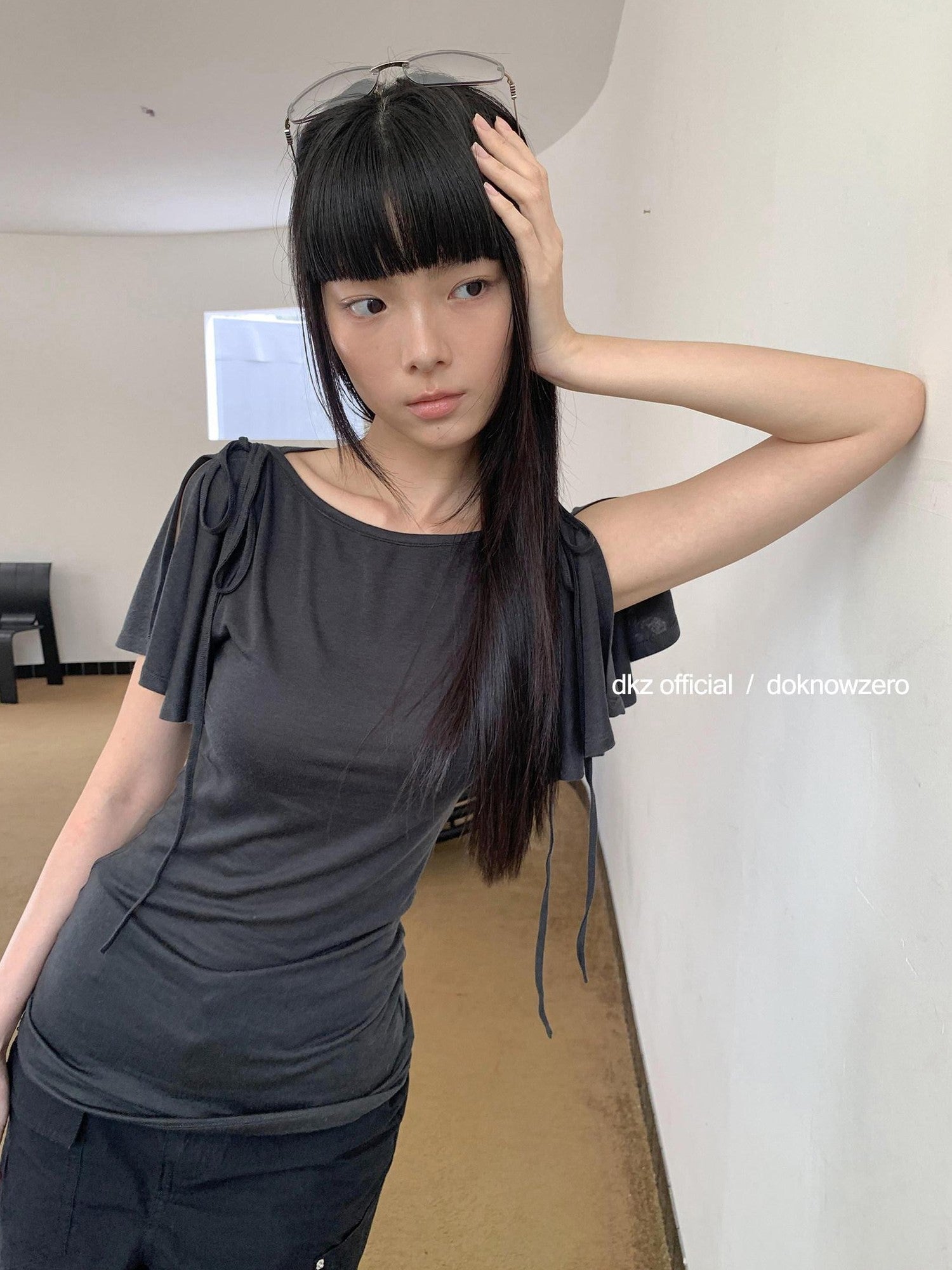 DKZ OFFICIAL Solid Split Puff Sleeve Bardot Women&