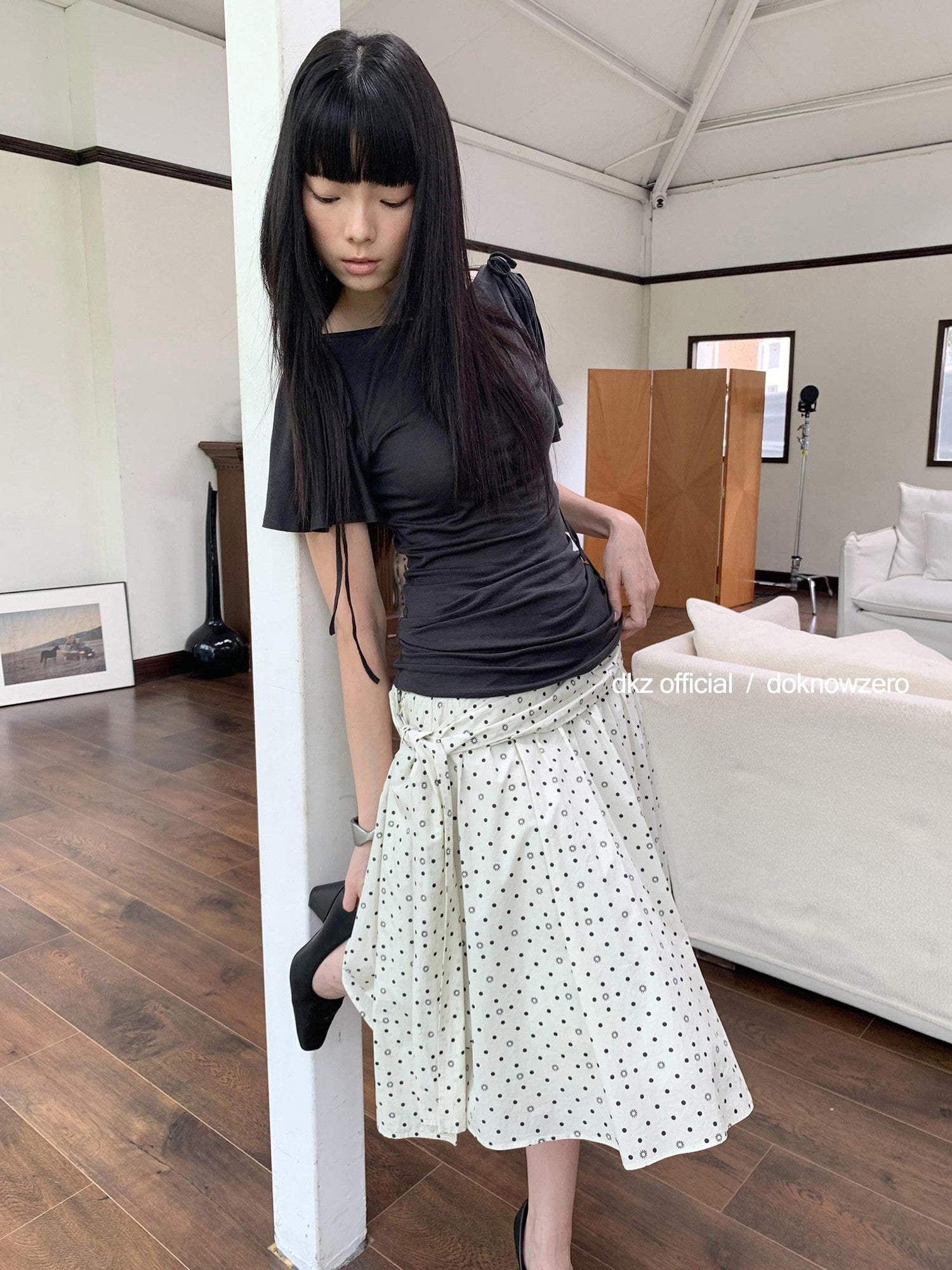 DKZ OFFICIAL Solid Split Puff Sleeve Bardot Women&
