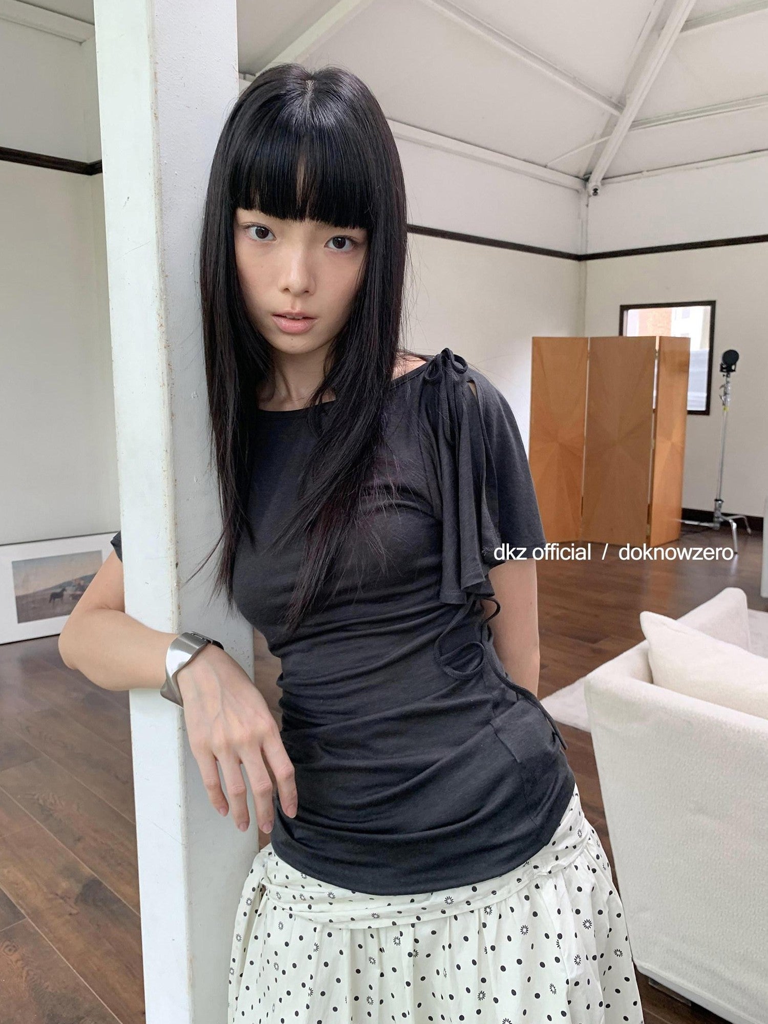 DKZ OFFICIAL Solid Split Puff Sleeve Bardot Women&