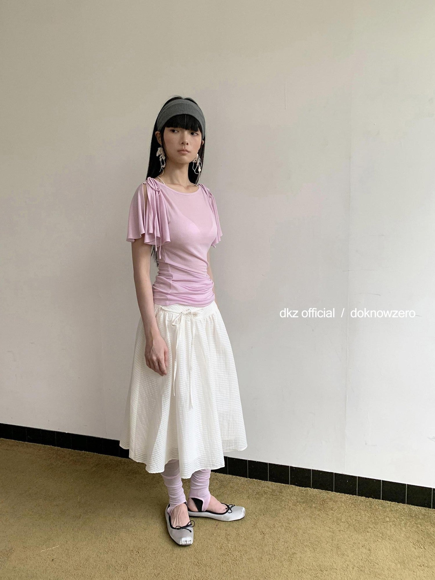 DKZ OFFICIAL Solid Split Puff Sleeve Bardot Women&