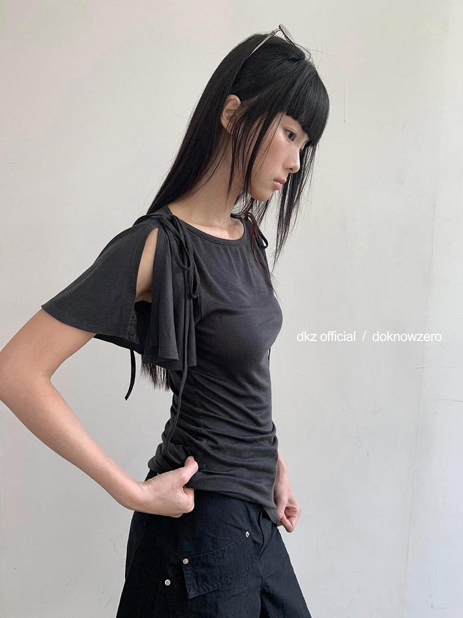 DKZ OFFICIAL Solid Split Puff Sleeve Bardot Women&