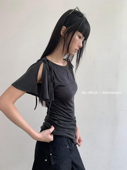 DKZ OFFICIAL Solid Split Puff Sleeve Bardot Women&