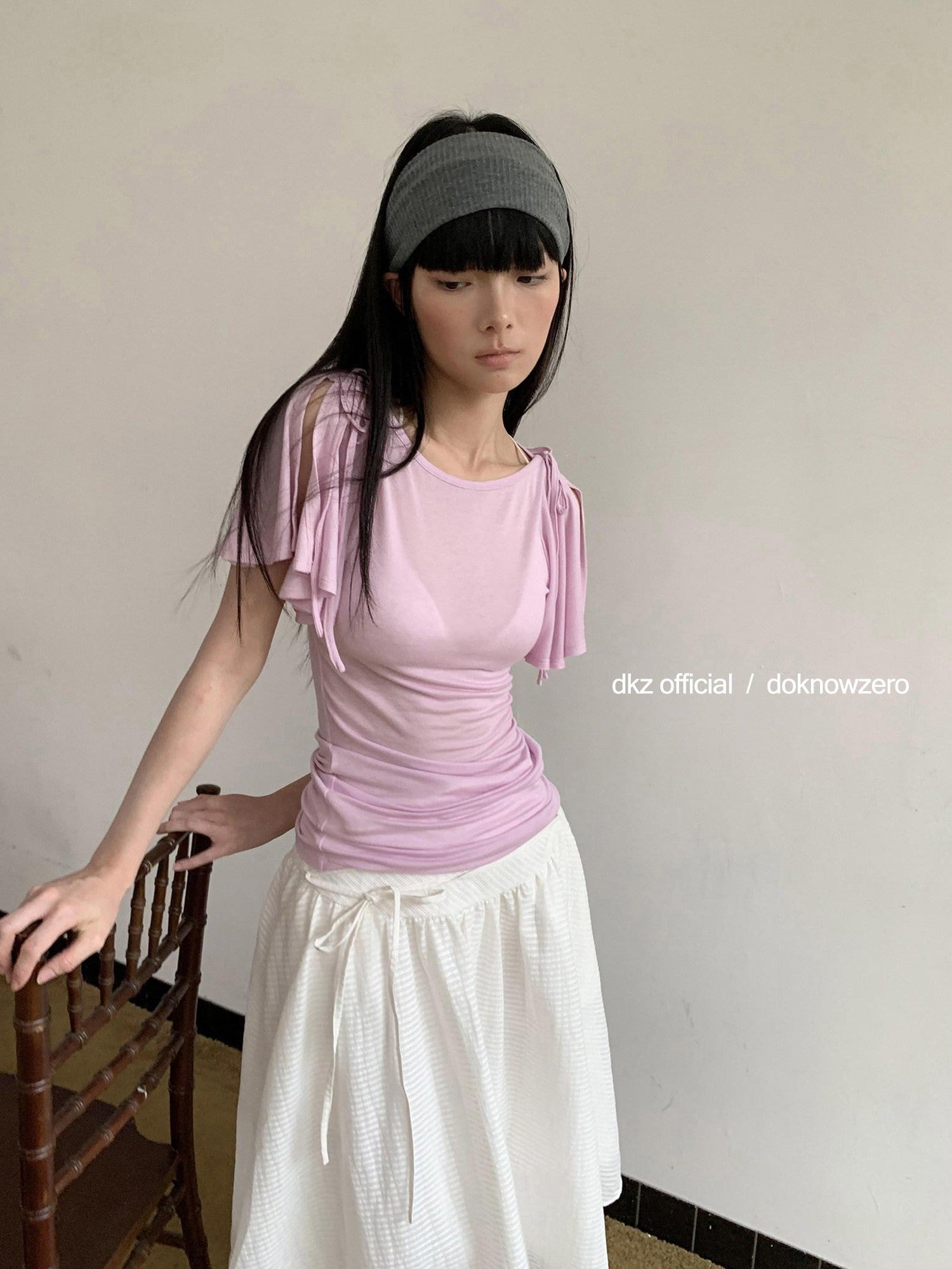 DKZ OFFICIAL Solid Split Puff Sleeve Bardot Women&