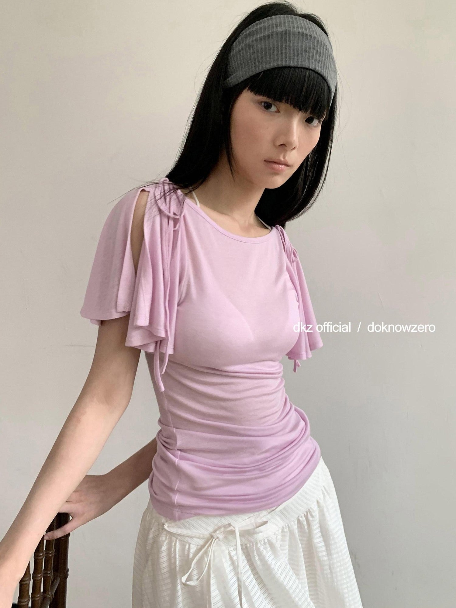 DKZ OFFICIAL Solid Split Puff Sleeve Bardot Women&