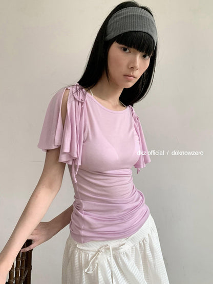 DKZ OFFICIAL Solid Split Puff Sleeve Bardot Women&