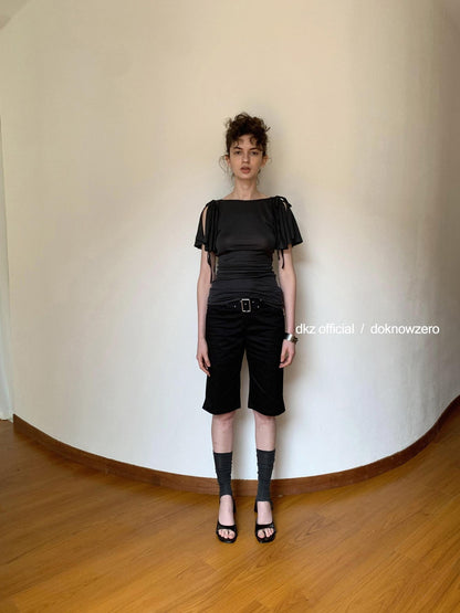 DKZ OFFICIAL Solid Split Puff Sleeve Bardot Women&