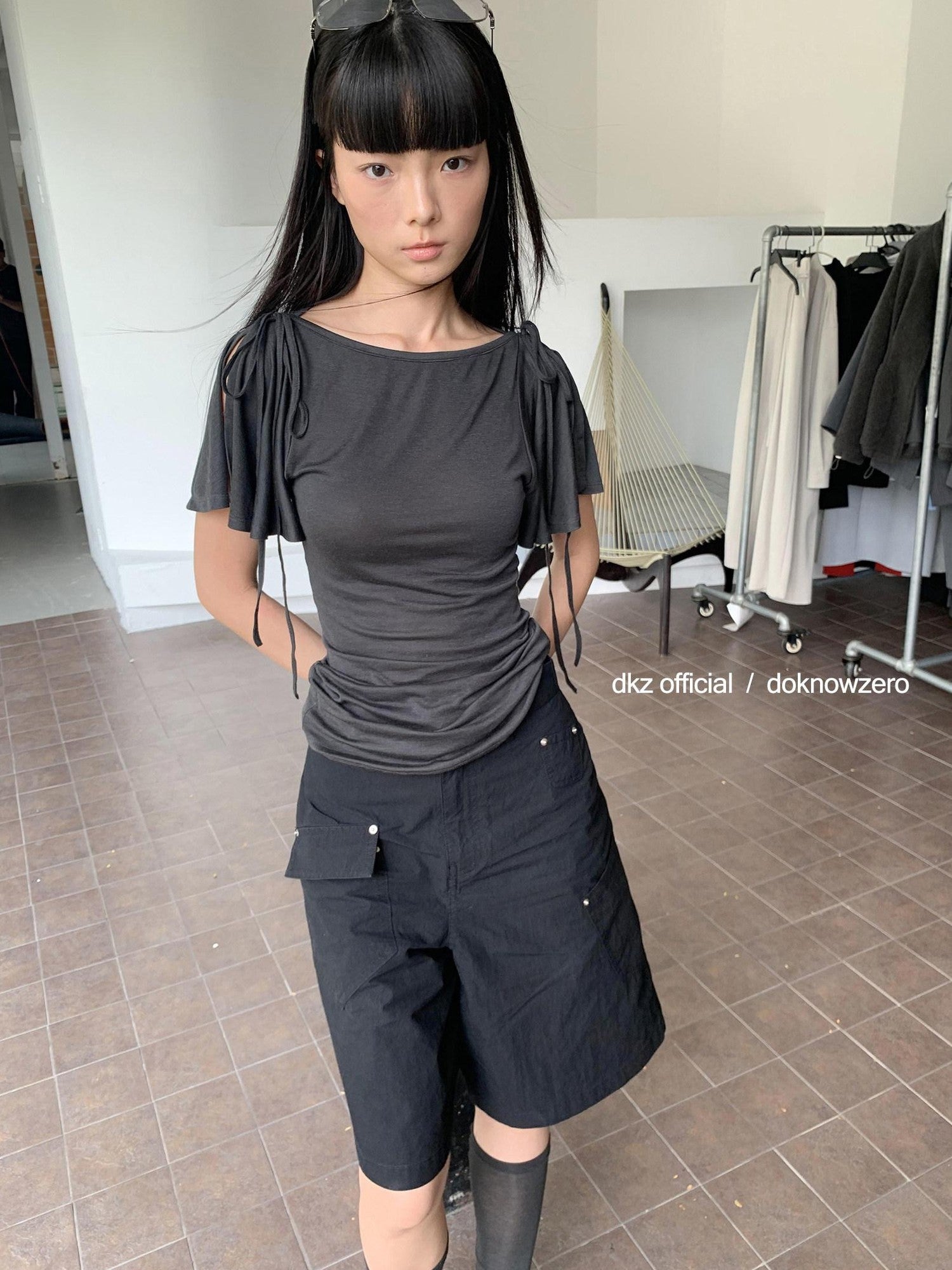 DKZ OFFICIAL Solid Split Puff Sleeve Bardot Women&