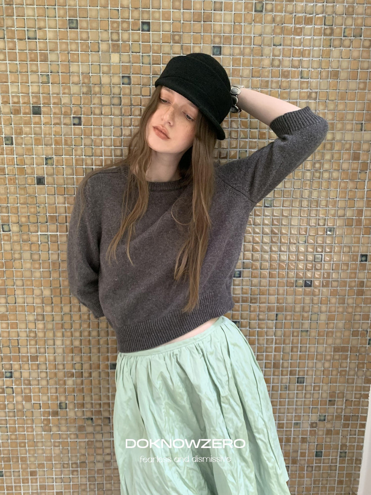 DKZ OFFICIAL Solid Vintage Knit Crew Neck 3 4 Sleeve Women&