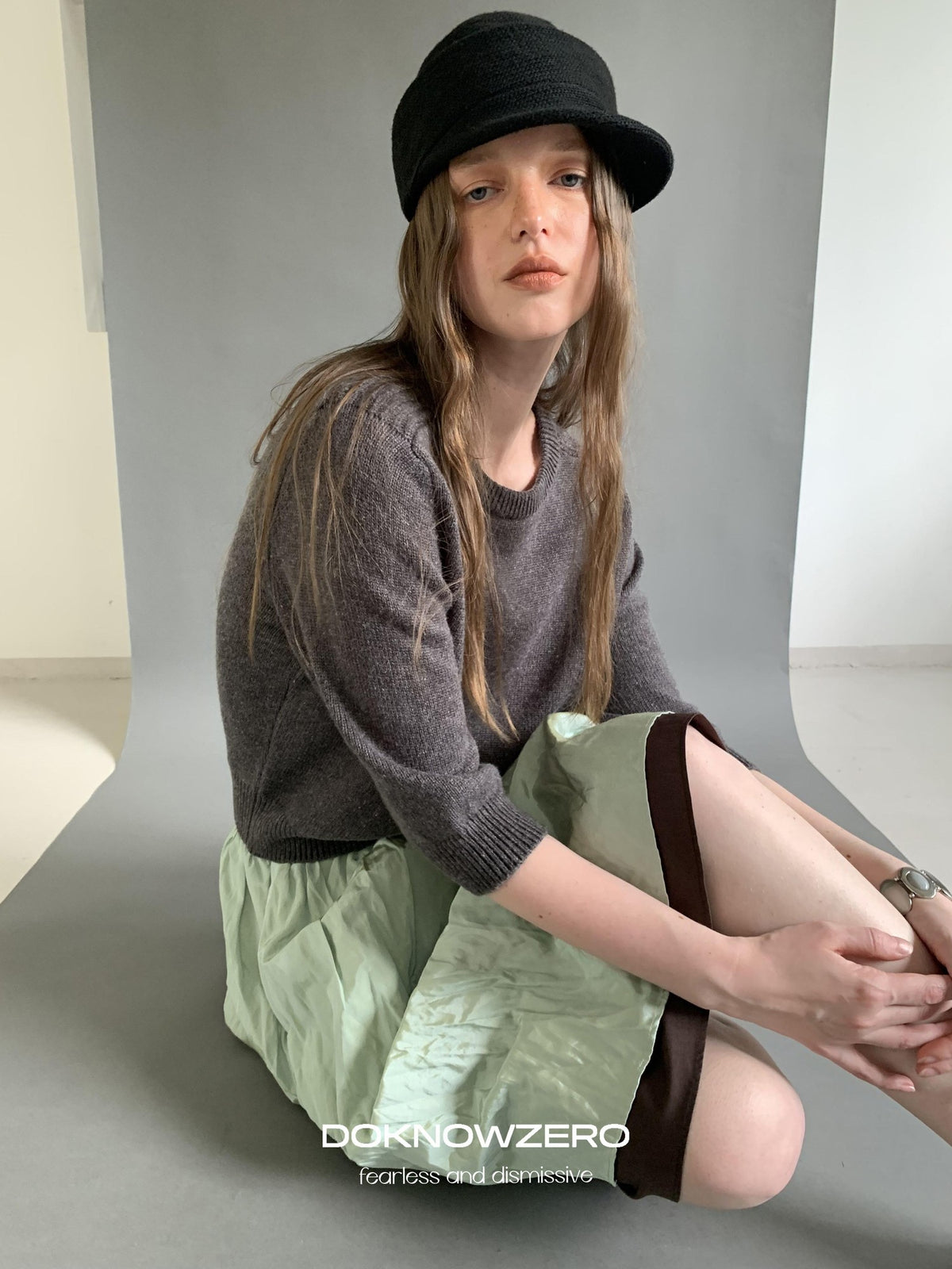 DKZ OFFICIAL Solid Vintage Knit Crew Neck 3 4 Sleeve Women&