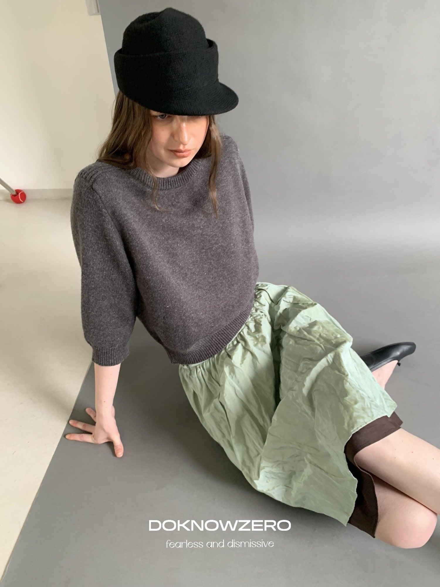 DKZ OFFICIAL Solid Vintage Knit Crew Neck 3 4 Sleeve Women&